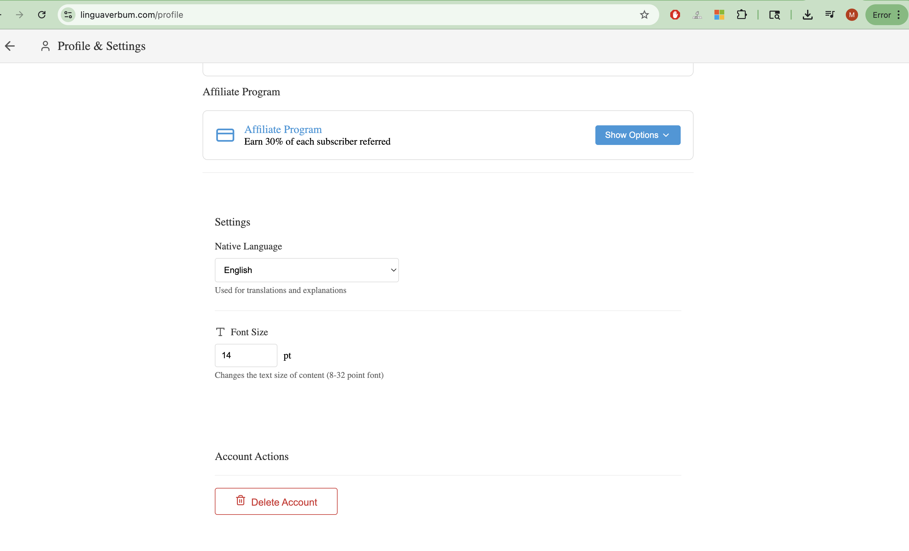 Web account deletion screenshot